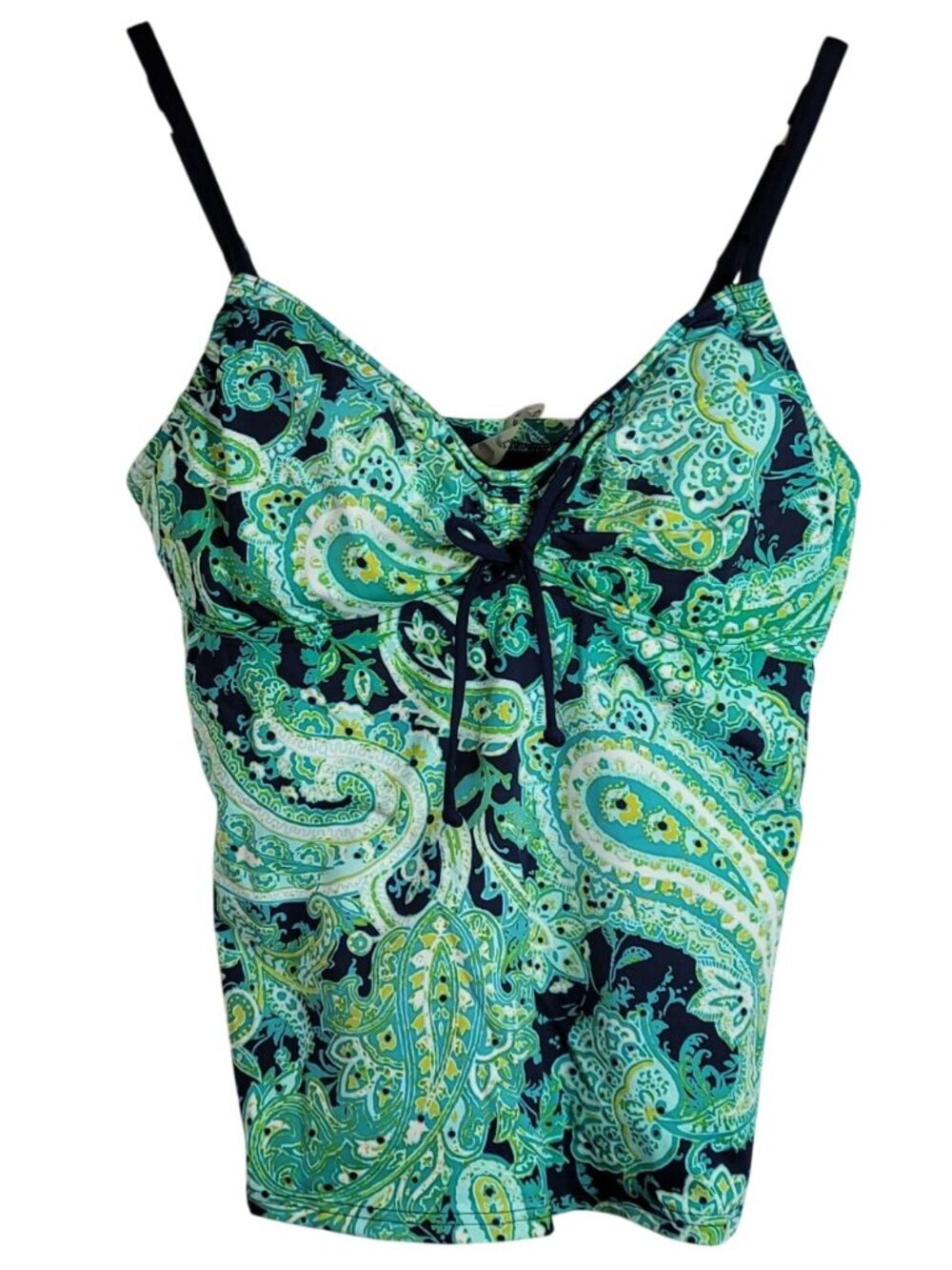 Lands' End Underwire Tankini Green Blue Size 8 Ruched Tie Adjust Padded Paisley